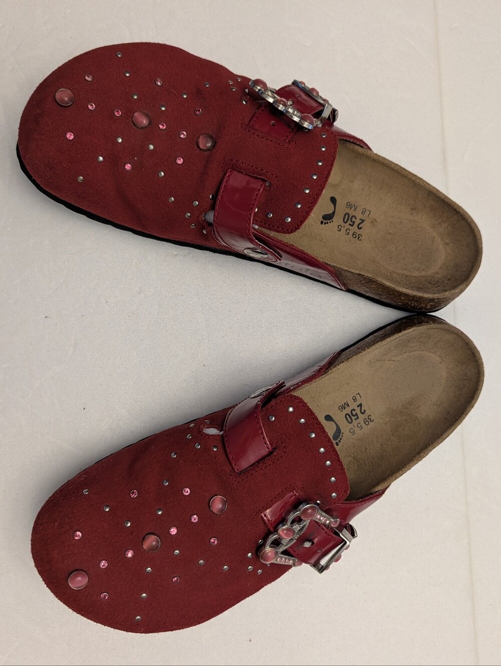 Red Studded Suede Birkenstock Betula Slip-On Clog with Buckle - Picture 3 of 6